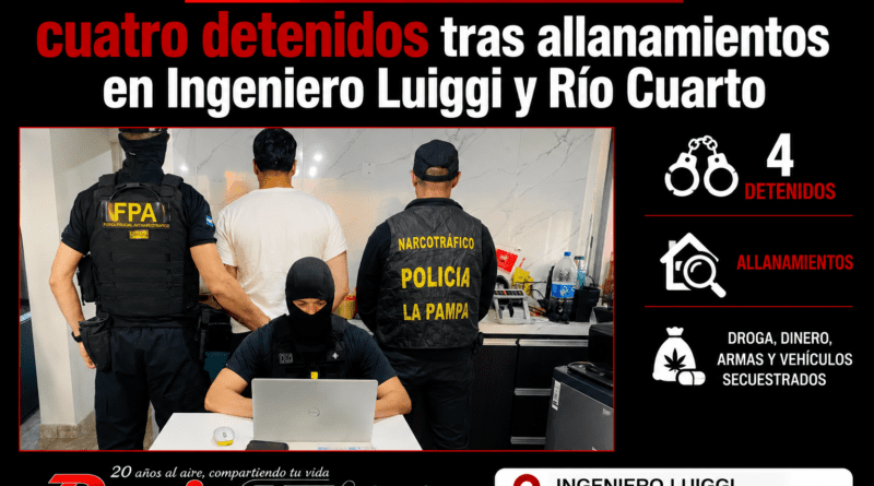 Golpe al narcotráfico: cuatro detenidos tras allanamientos en Ingeniero Luiggi y Río Cuarto